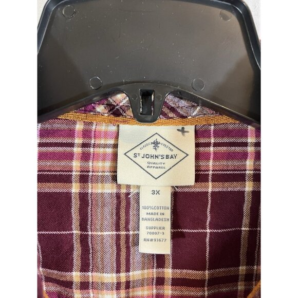 St John’s Bay 3X Maroon Plaid Long Sleeved Button Up Shirt 100% Cotton - Picture 2 of 7